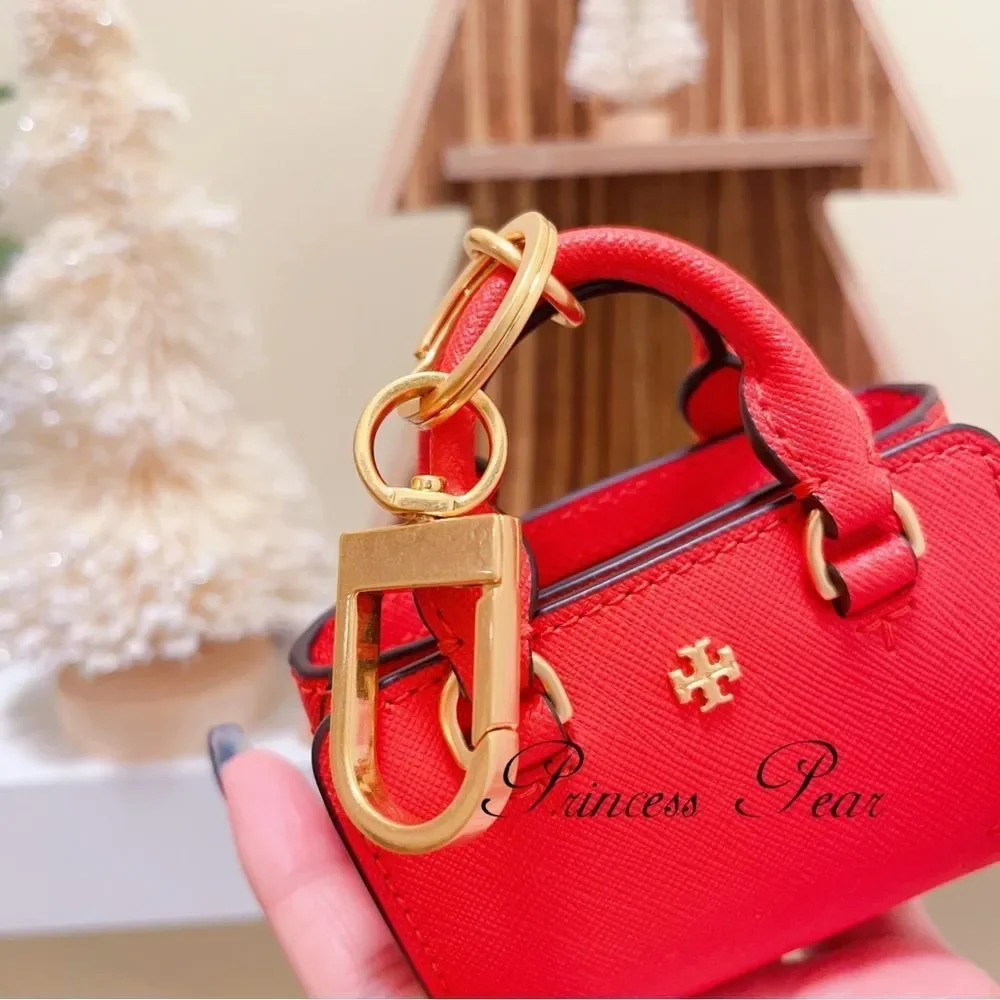 NWT Tory Burch Robinson Mini Tote Key Fob Bag Charm Keychain Gold / Bright Samba